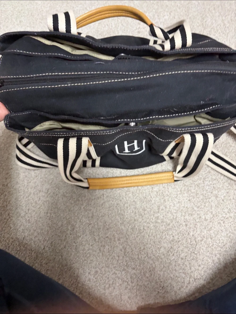 Pottery Barn Kids Black Canvas Tote with Cream Striped Straps